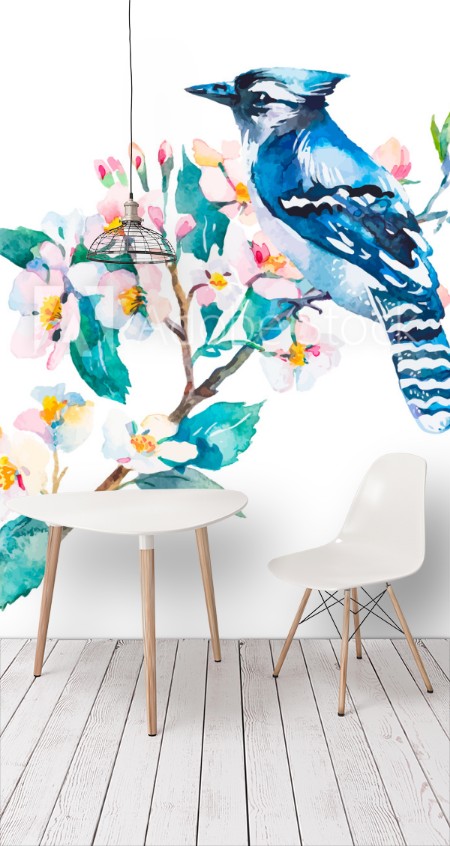 Afbeeldingen van Blue jay isolated on a white background Spring flowersWatercolor